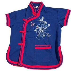 Vintage Plum Blossom Chinese Embroidered Dragon Shirt – Mandarin Collar, Size 4